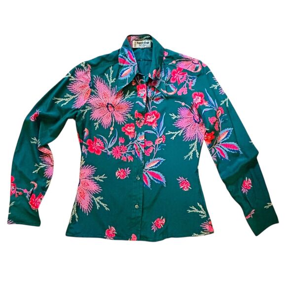 Franck Olivier Paris 1970s Silk Blouse French Size 40 Green Floral Dagger Collar - Picture 11 of 11